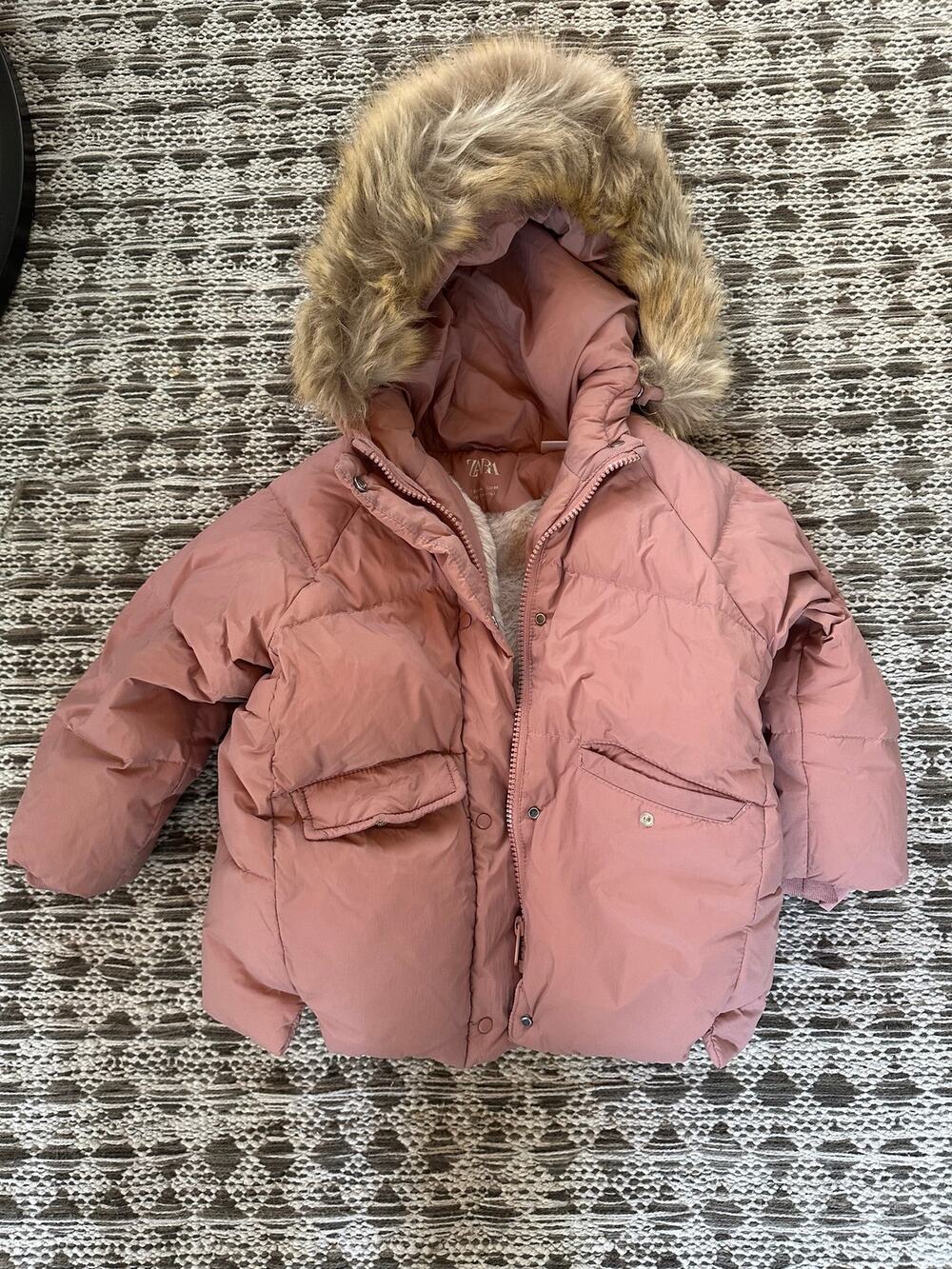ZARA Kids Pink Puffer Coat Down Snaps and Zip Down Size 2-3Y Fur Trim SMALL MARK